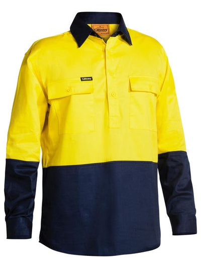 BISLEY 2 TONE CLOSED FRONT HI-VIS DRILL LONG SLEEVE SHIRT