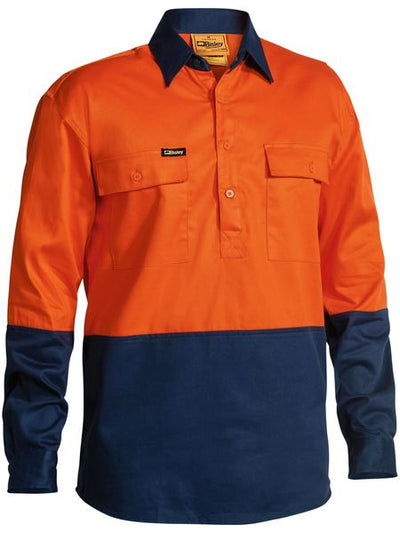 BISLEY 2 TONE CLOSED FRONT HI-VIS DRILL LONG SLEEVE SHIRT