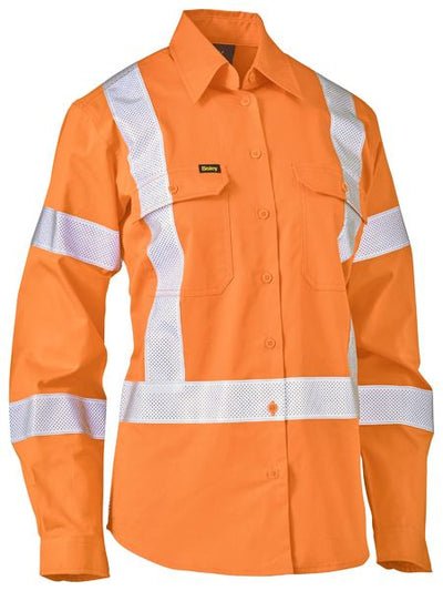 BISLEY WOMENS X TAPED BIOMOTION HI VIS COOL LIGHTWEIGHT L/S DRILL SHIRT